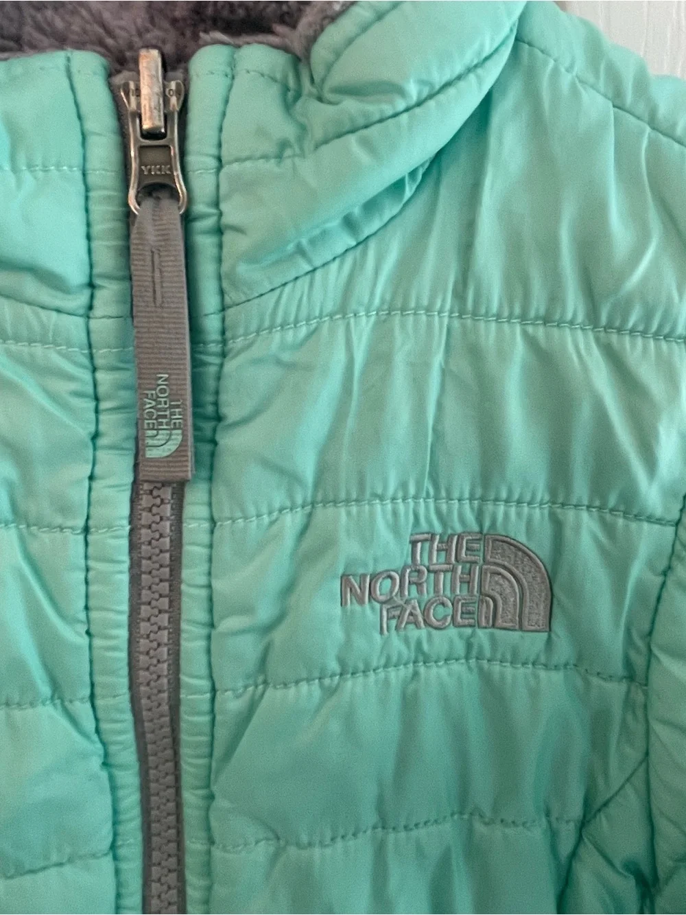 The North Face Girls' Teal Puffer Jacket with Gray Trim